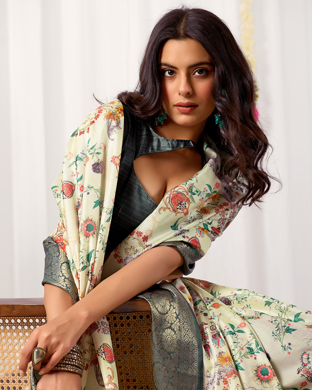 Premium Soft Lichi Silk Saree adorned with vibrant digital floral prints, complemented by a rich