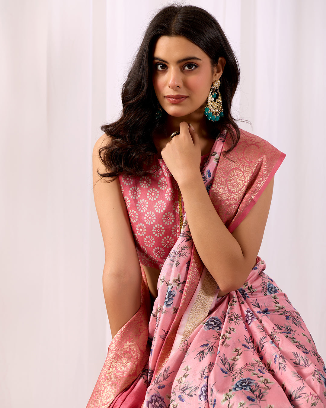 Soft Lichi Silk Saree in Blush Pink Tone, adorned with delicate all-over floral digital prints and complemented by a rich woven zari border