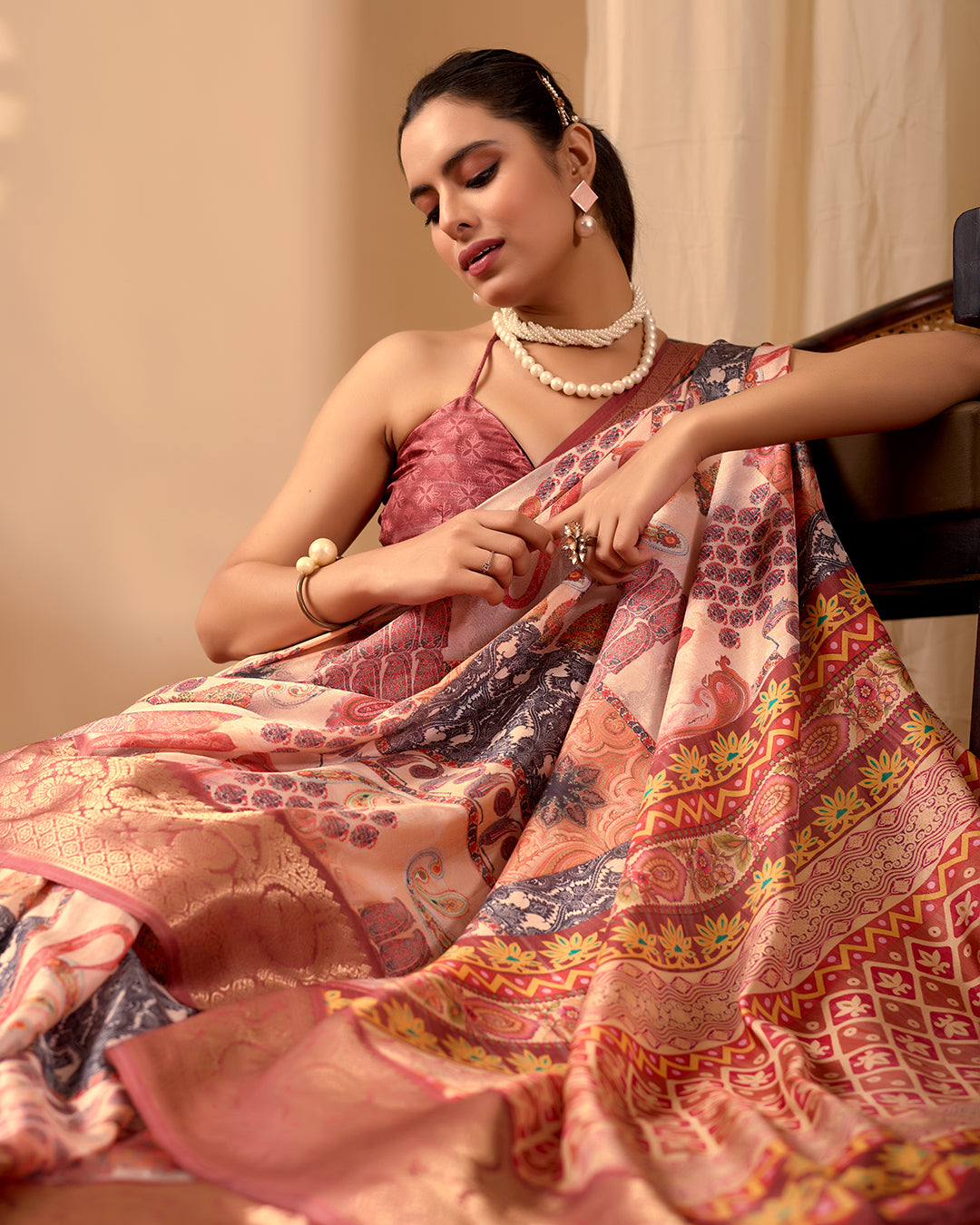 Premium Soft Lichi Silk Saree in an Elegant Peach & Multicolor Shade, beautifully adorned with Traditional and Artistic Digital Prints