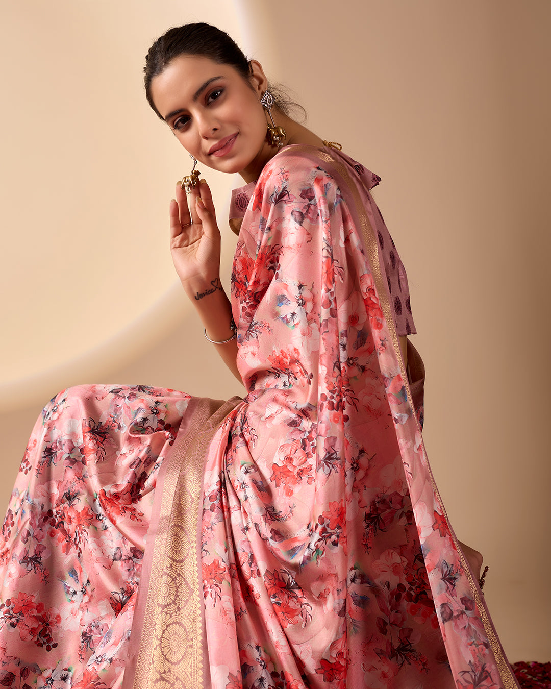 Gorgeous Soft Lichi Silk Saree with enchanting digital floral prints and a rich golden zari border