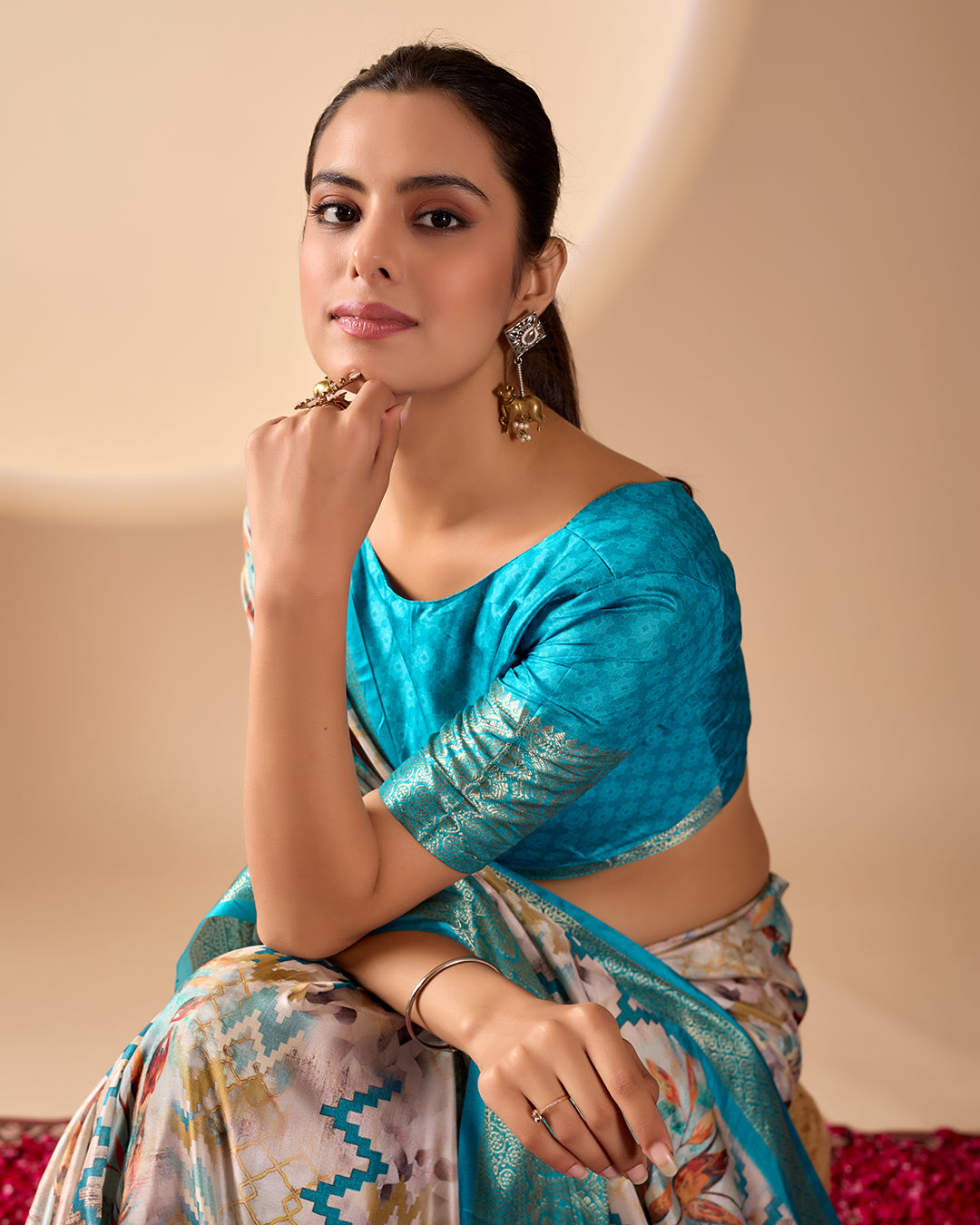 Soft Lichi Silk Saree featuring an Exquisite Combination of Modern Digital Print and Rich Traditional Zari Woven Border