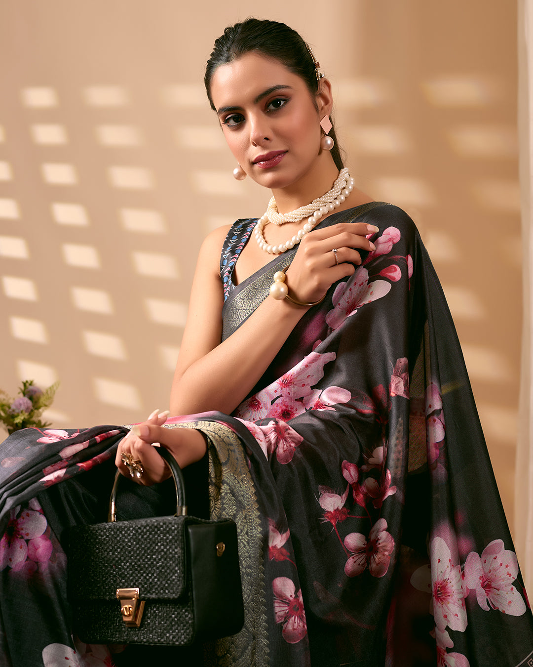Stunning Soft Lichi Silk Saree featuring digital floral artistry on a deep elegant base with a rich golden zari border