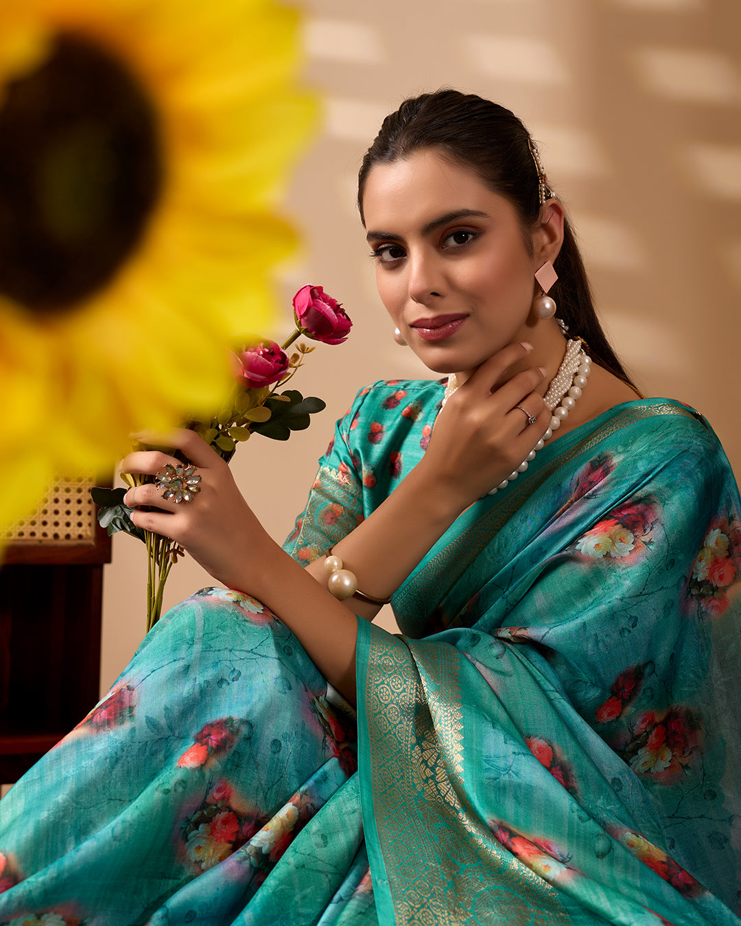 Elegant Soft Lichi Silk Saree adorned with digital floral patterns and a rich golden zari border