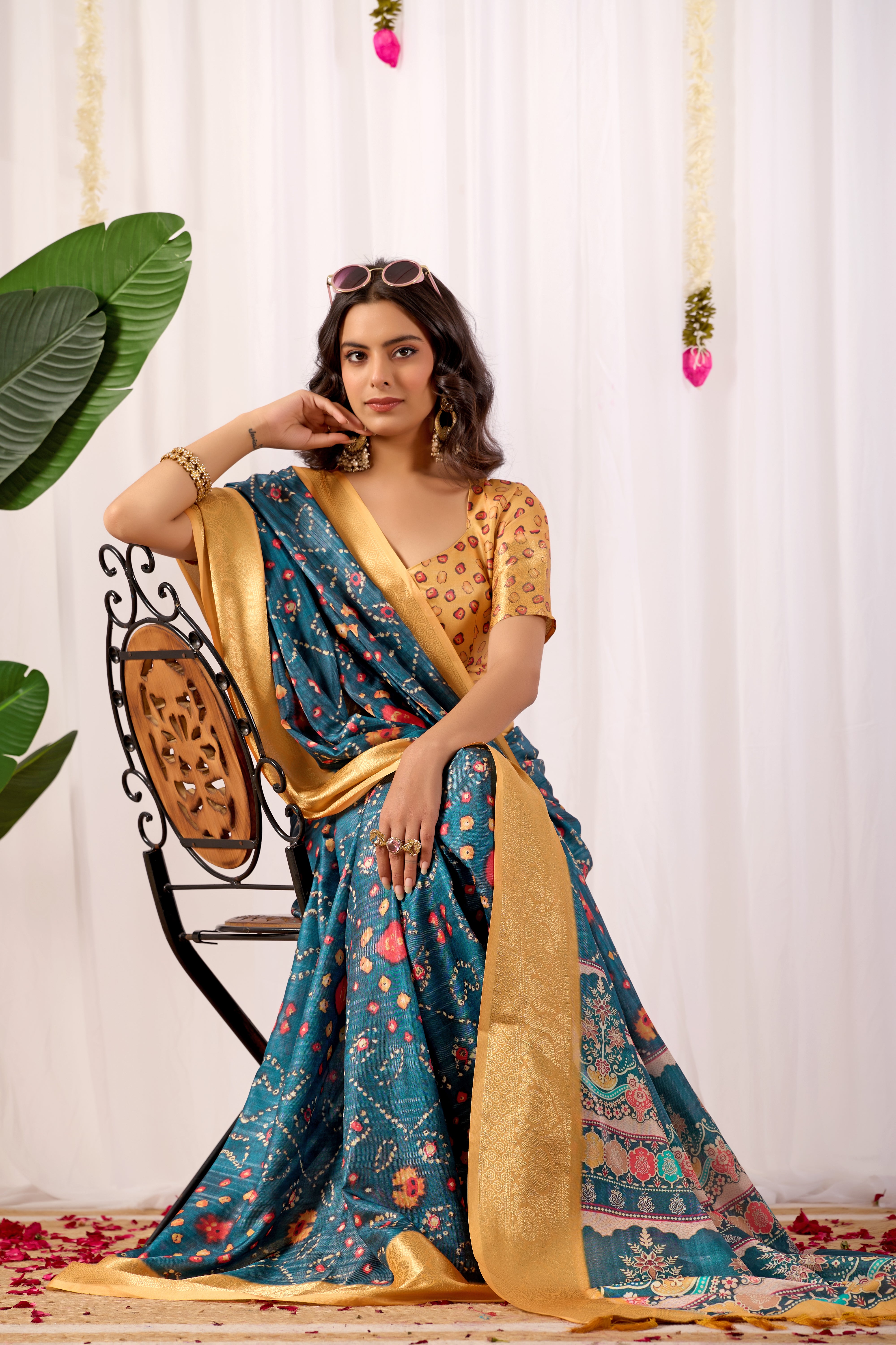 Soft Lichi Silk Saree featuring an Elegant Tribal Art Print complemented by a Luxurious Rich Zari Border