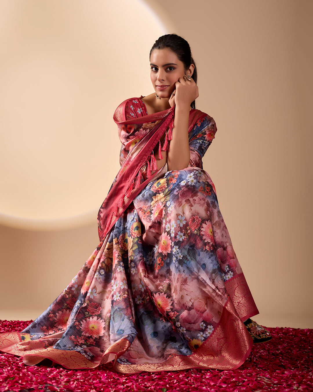 Luxurious Soft Lichi Silk Saree in Deep Wine Rose Shade featuring enchanting floral digital prints and complemented by a rich woven zari border