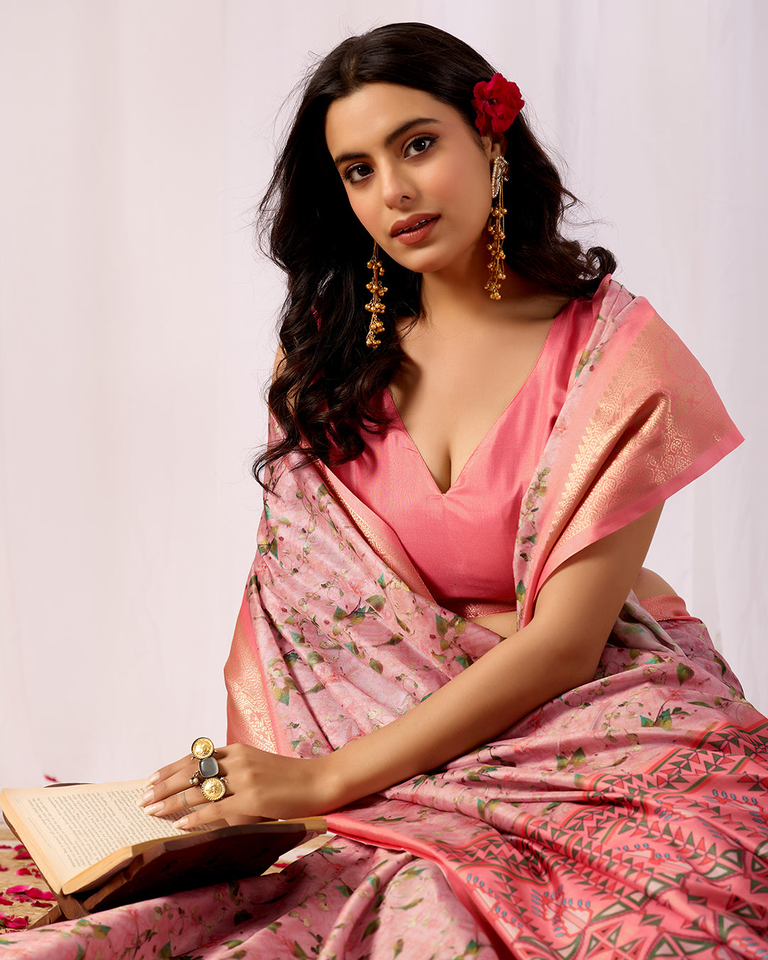 Premium Soft Lichi Silk Saree with a delicate floral print and a rich zari woven border