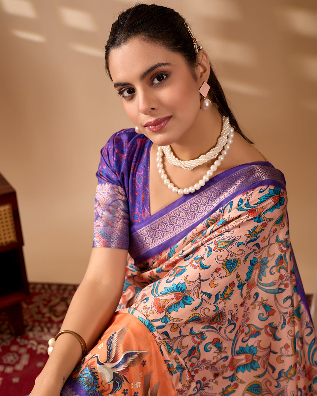 Elegant Soft Lichi Silk Saree featuring exquisite digital ethnic motifs and a royal purple golden zari border