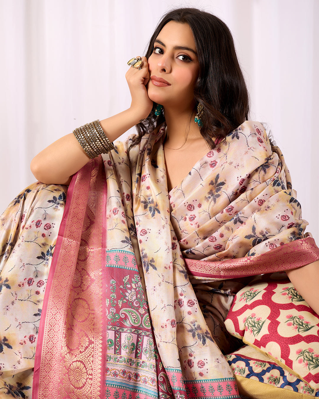 Premium Soft Lichi Silk Saree featuring mesmerizing floral digital prints beautifully enhanced with an elegant contrast zari woven border