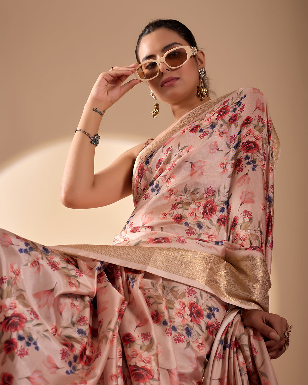 Premium Soft Lichi Silk Saree featuring enchanting floral digital weaving with a rich golden zari border