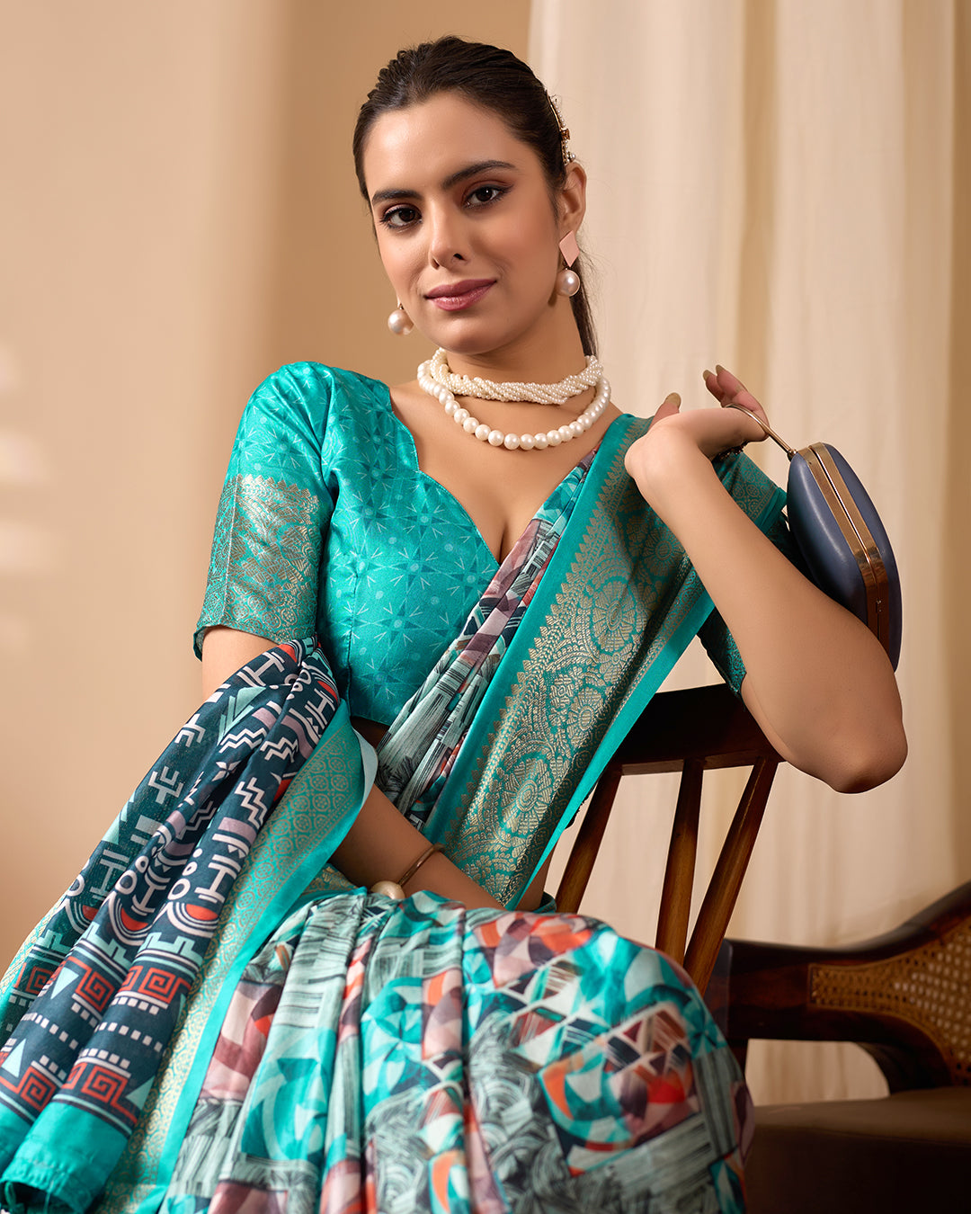 Premium Soft Lichi Silk Saree in Elegant Sea Green Shade, adorned with Artistic Abstract