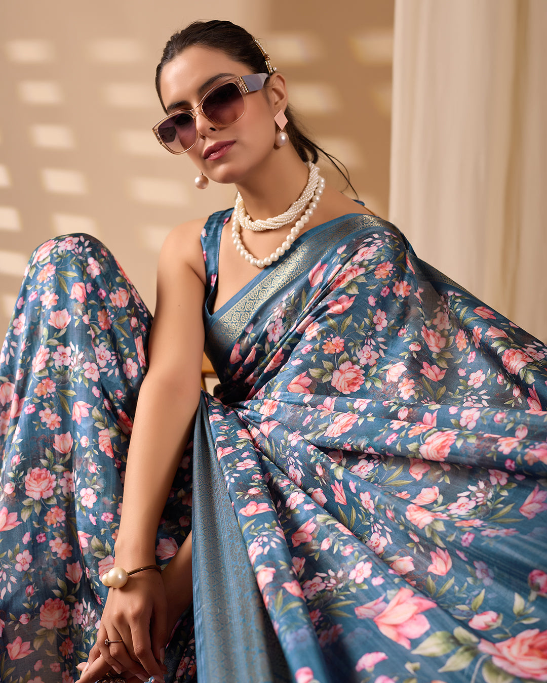 Gorgeous Soft Lichi Silk Saree in Deep Teal Blue, adorned with Romantic Rose Floral Digital Prints
