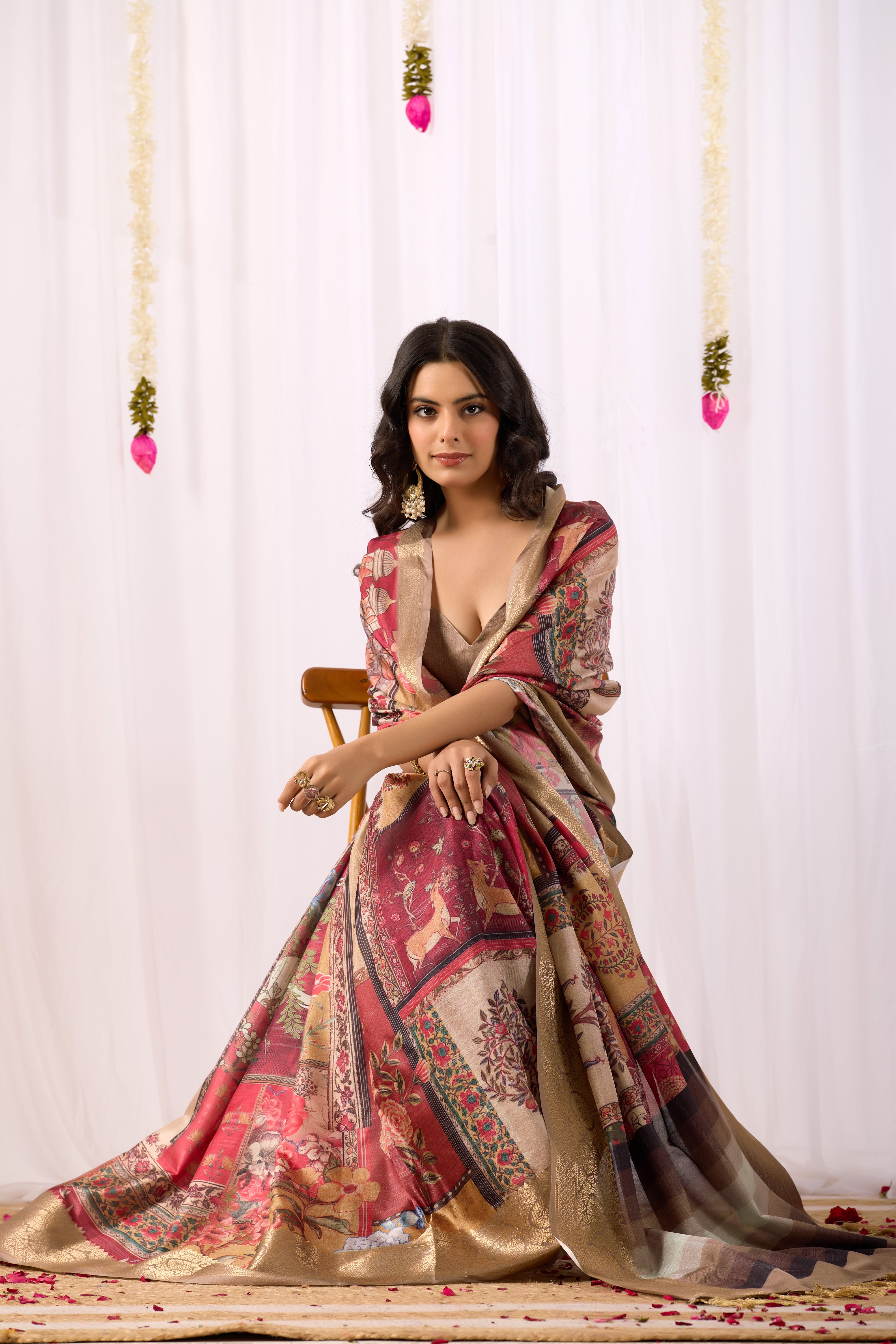 Soft Lichi Silk Saree featuring an Elegant Tribal Art Print with a Luxurious Rich Zari Border