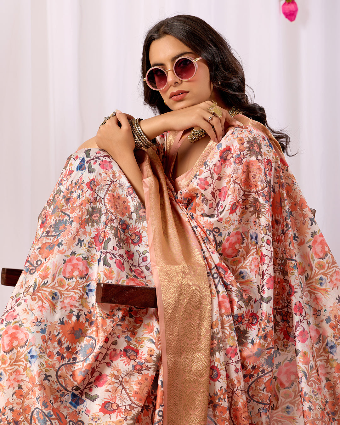 Premium Soft Lichi Silk Saree adorned with intricate floral digital weaving and luxurious golden zari border