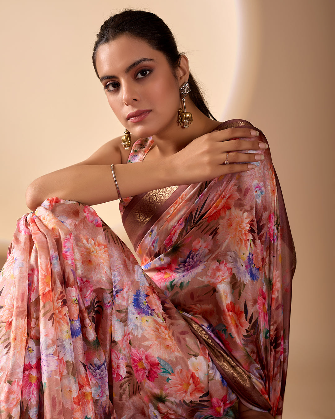 Elegant Soft Lichi Silk Saree featuring mesmerizing digital floral patterns and a rich golden zari border