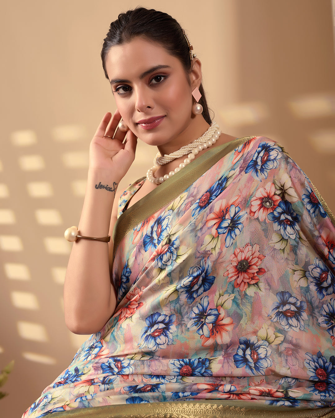 Elegant Soft Lichi Silk Saree adorned with mesmerizing digital floral patterns