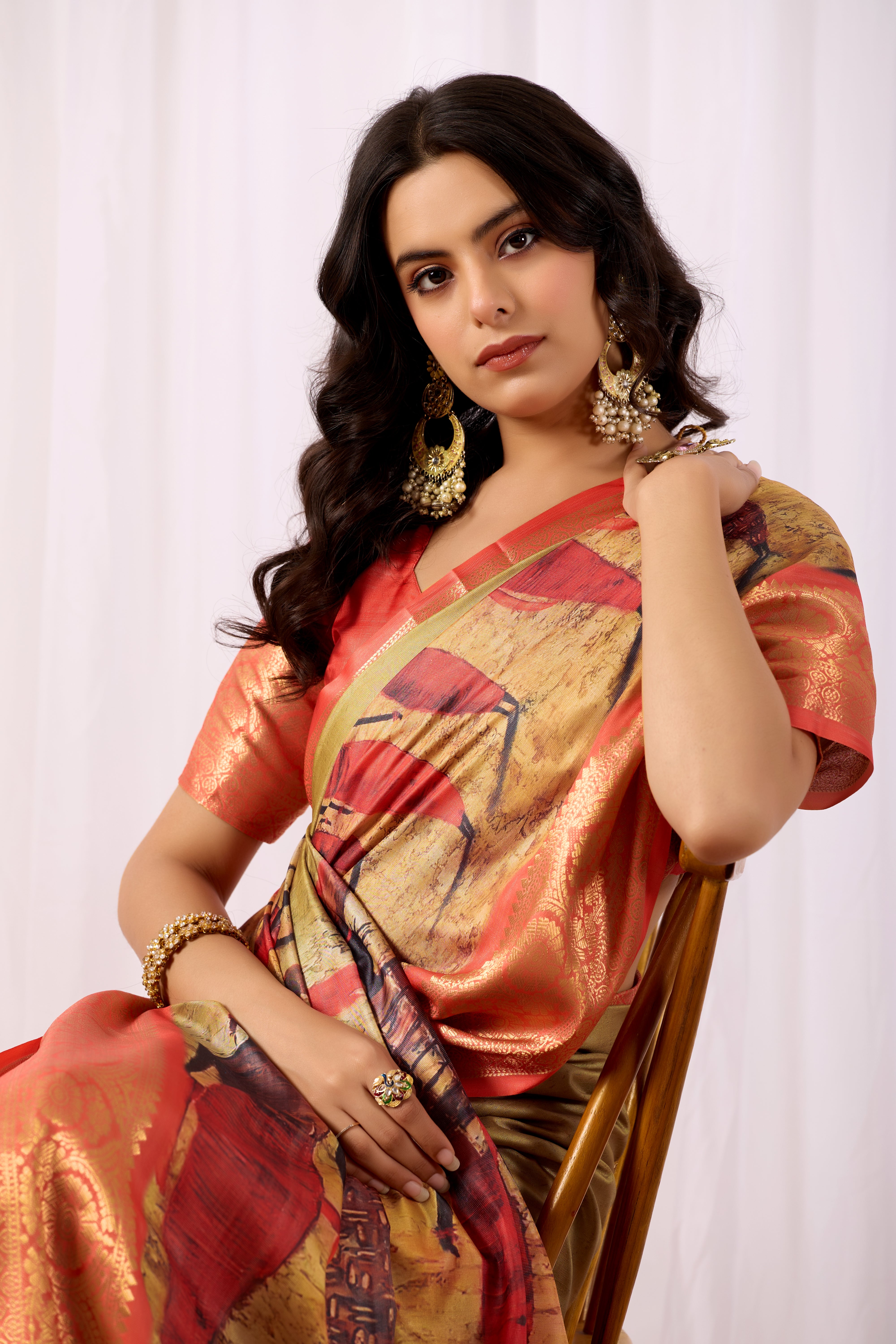 Soft Lichi Silk Saree with Elegant Tribal Art Print and Rich Zari Border