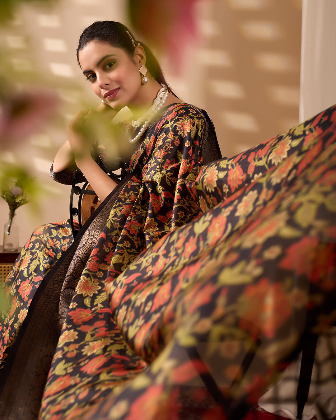 Exquisite Soft Lichi Silk Saree featuring stunning digital floral motifs on a rich black base