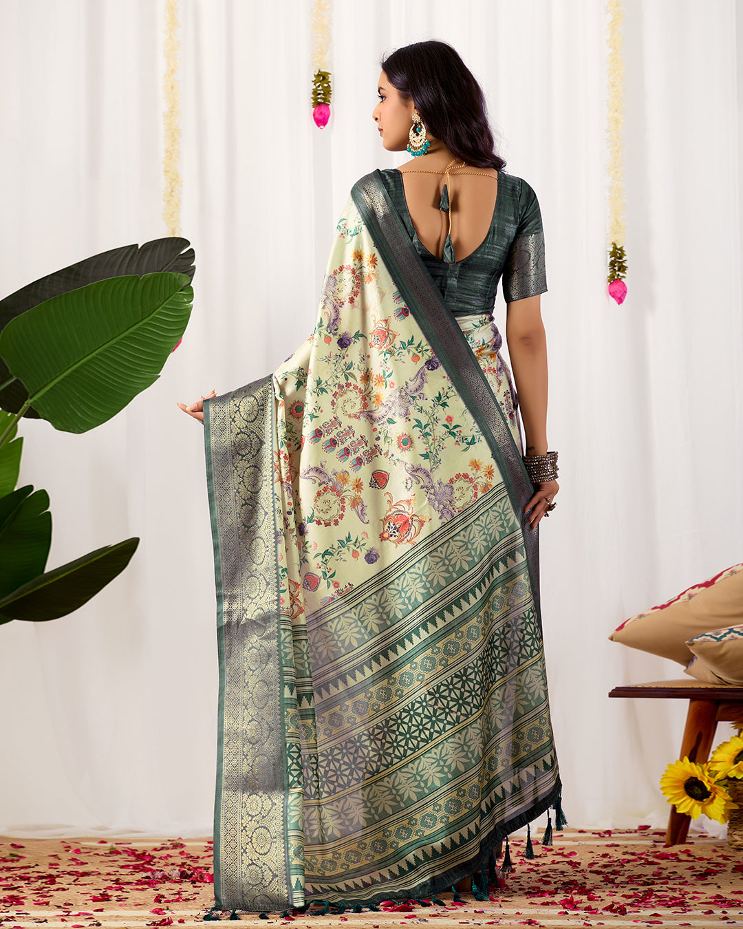 Premium Soft Lichi Silk Saree adorned with vibrant digital floral prints, complemented by a rich