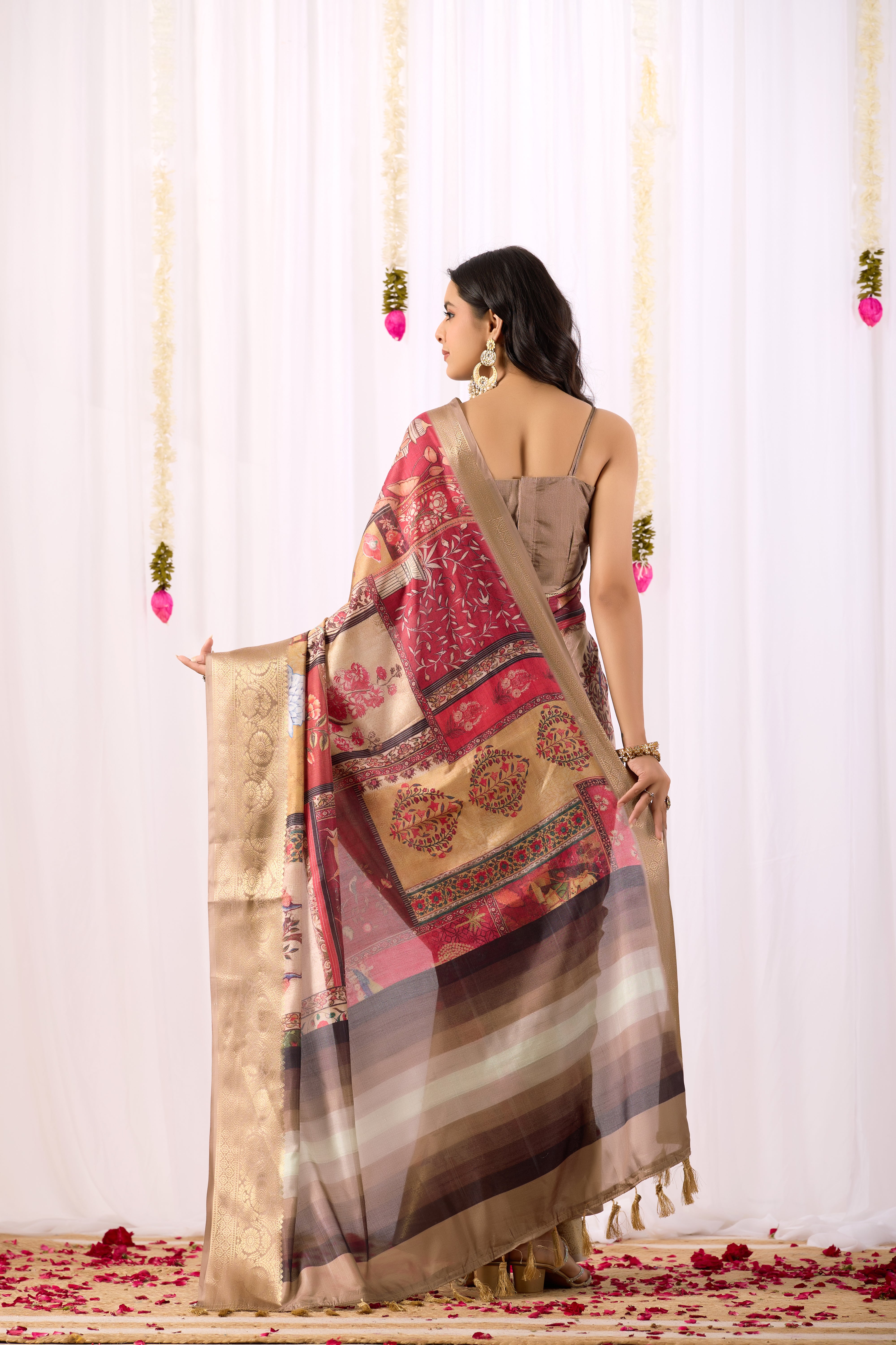 Soft Lichi Silk Saree featuring an Elegant Tribal Art Print with a Luxurious Rich Zari Border