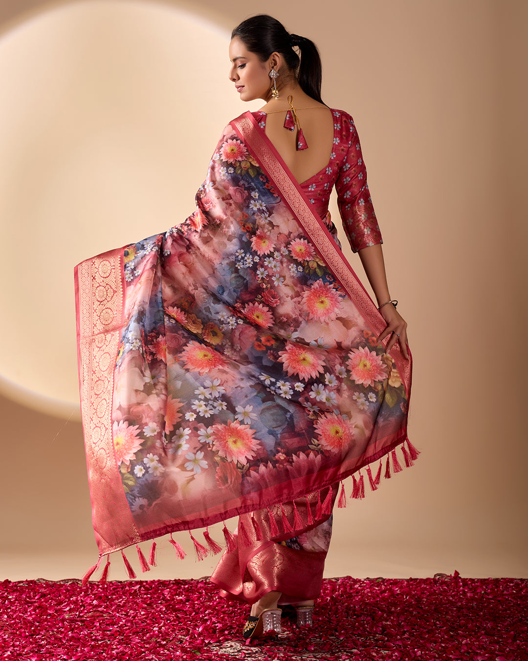 Luxurious Soft Lichi Silk Saree in Deep Wine Rose Shade featuring enchanting floral digital prints and complemented by a rich woven zari border