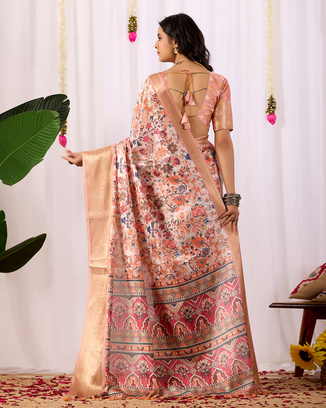 Premium Soft Lichi Silk Saree adorned with intricate floral digital weaving and luxurious golden zari border