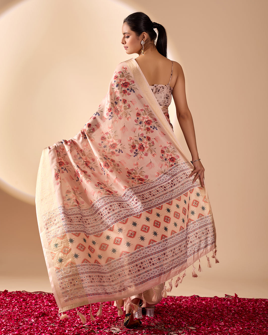 Premium Soft Lichi Silk Saree featuring enchanting floral digital weaving with a rich golden zari border