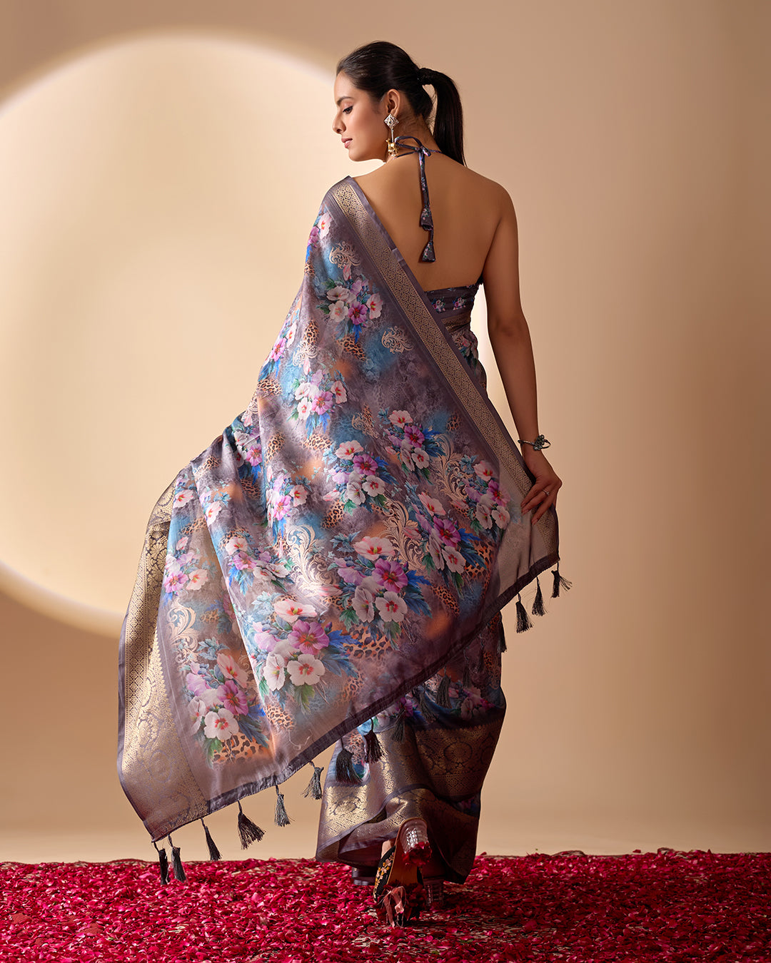 Gorgeous Soft Lichi Silk Saree featuring enchanting digital floral prints on a rich smoky grey base with an intricate golden zari border