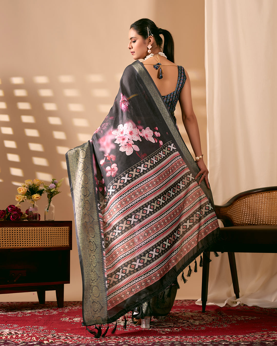 Stunning Soft Lichi Silk Saree featuring digital floral artistry on a deep elegant base with a rich golden zari border