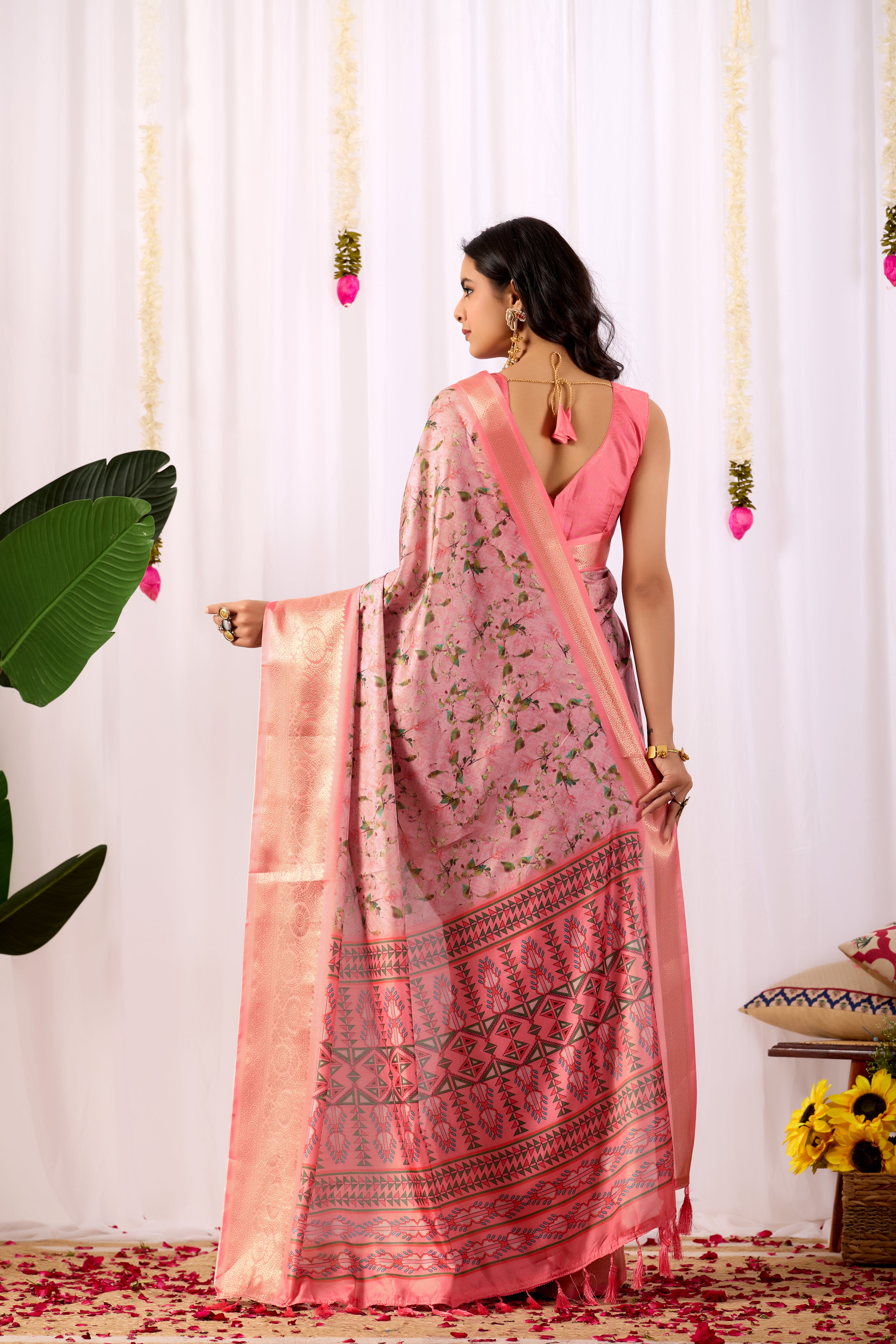 Premium Soft Lichi Silk Saree with a delicate floral print and a rich zari woven border
