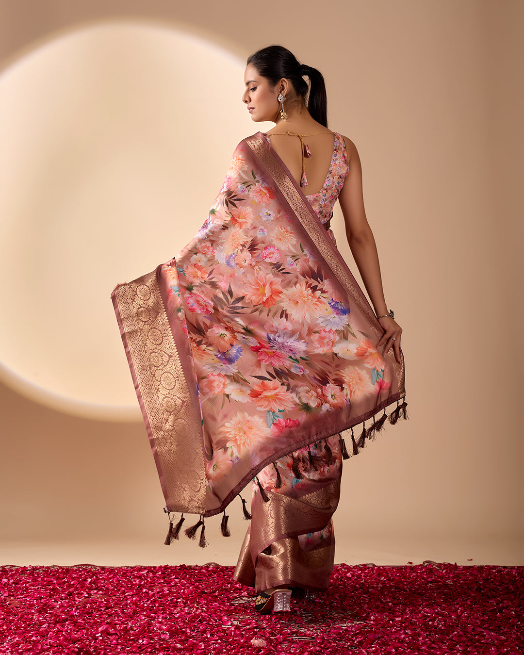 Elegant Soft Lichi Silk Saree featuring mesmerizing digital floral patterns and a rich golden zari border