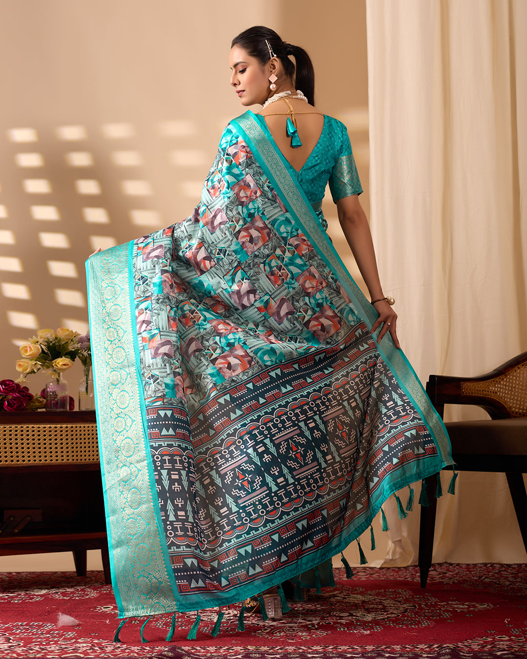 Premium Soft Lichi Silk Saree in Elegant Sea Green Shade, adorned with Artistic Abstract