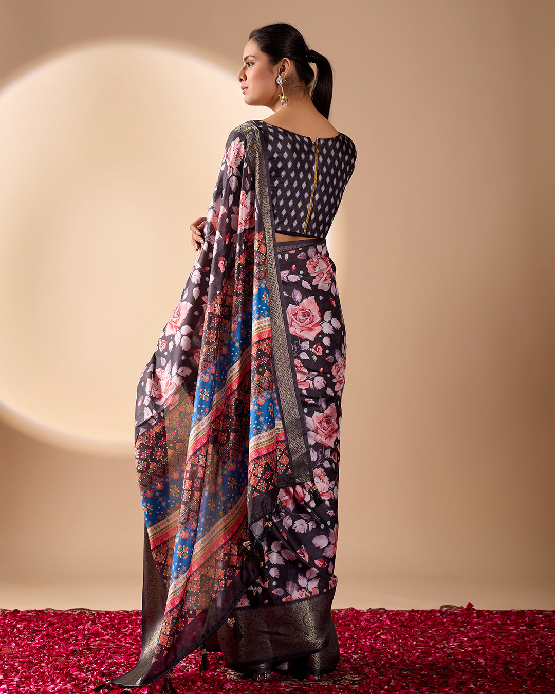 Premium Soft Lichi Silk Saree in Rich Black Tone, adorned with Artistic Floral Prints and a Vibrant Traditional Multicolor Pallu