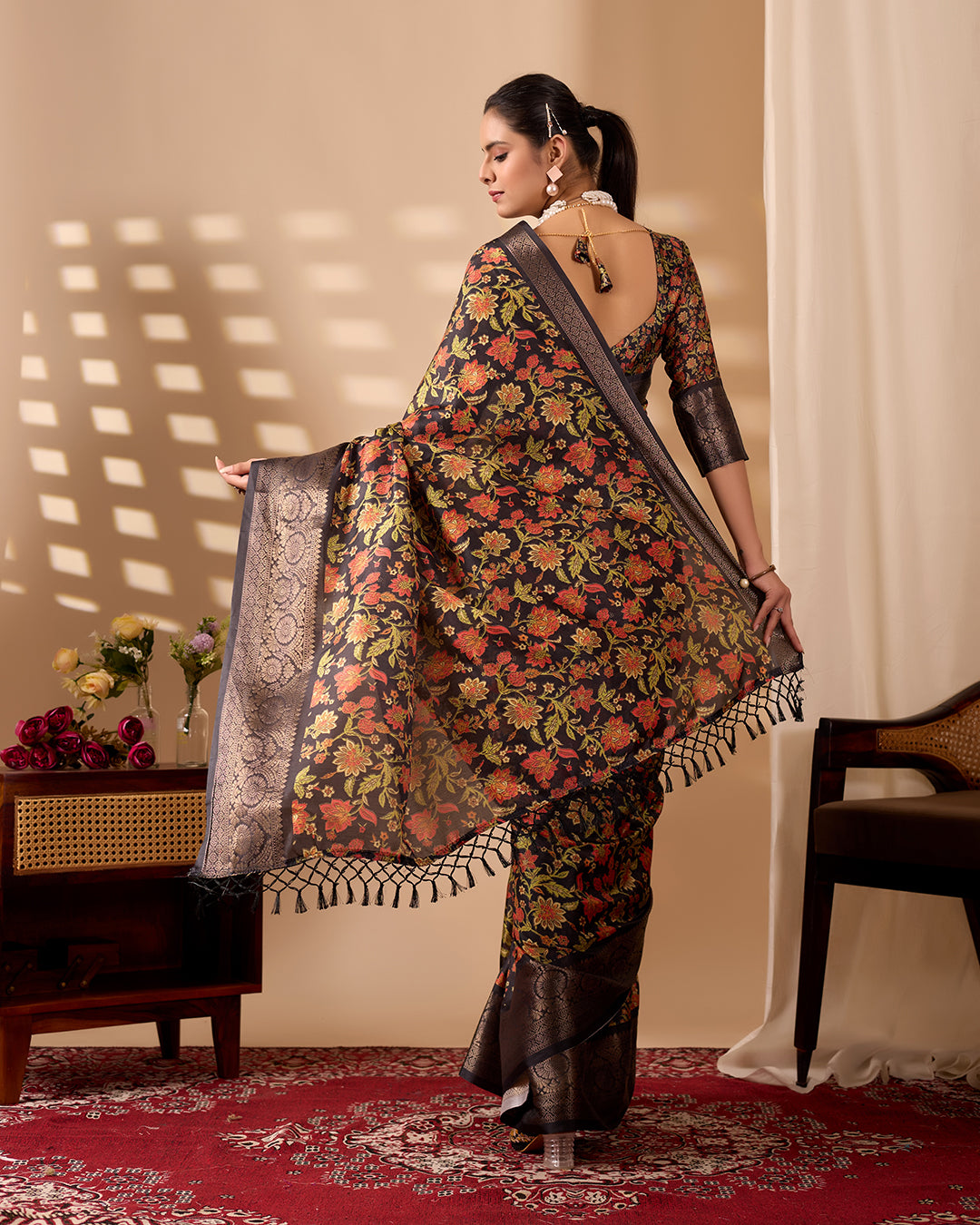 Exquisite Soft Lichi Silk Saree featuring stunning digital floral motifs on a rich black base