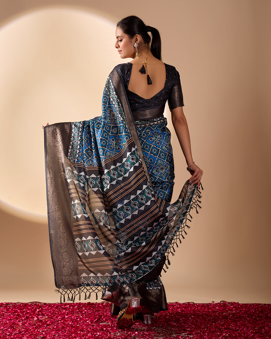 Exquisite Soft Lichi Silk Saree featuring elegant digital ethnic geometric designs paired