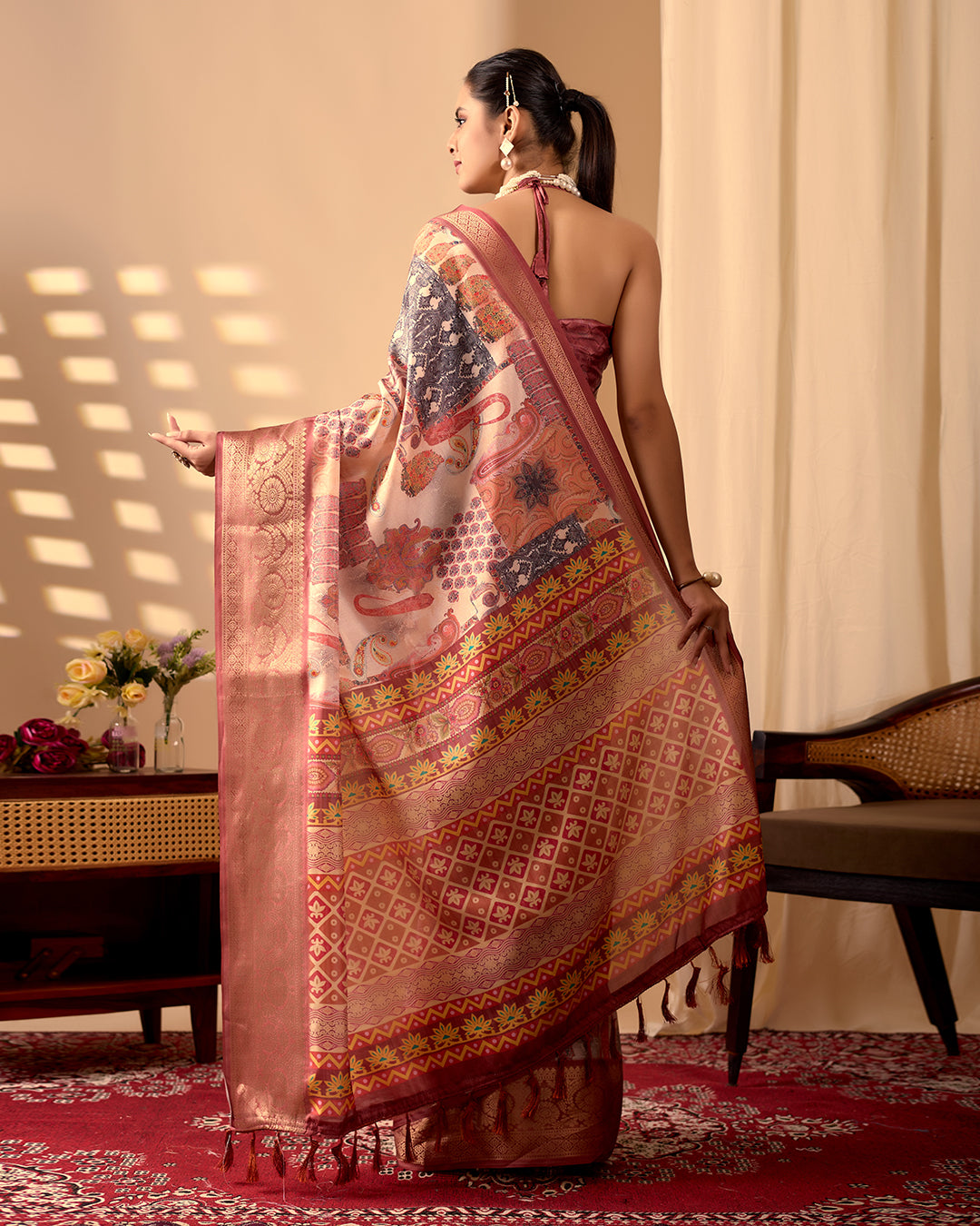 Premium Soft Lichi Silk Saree in an Elegant Peach & Multicolor Shade, beautifully adorned with Traditional and Artistic Digital Prints