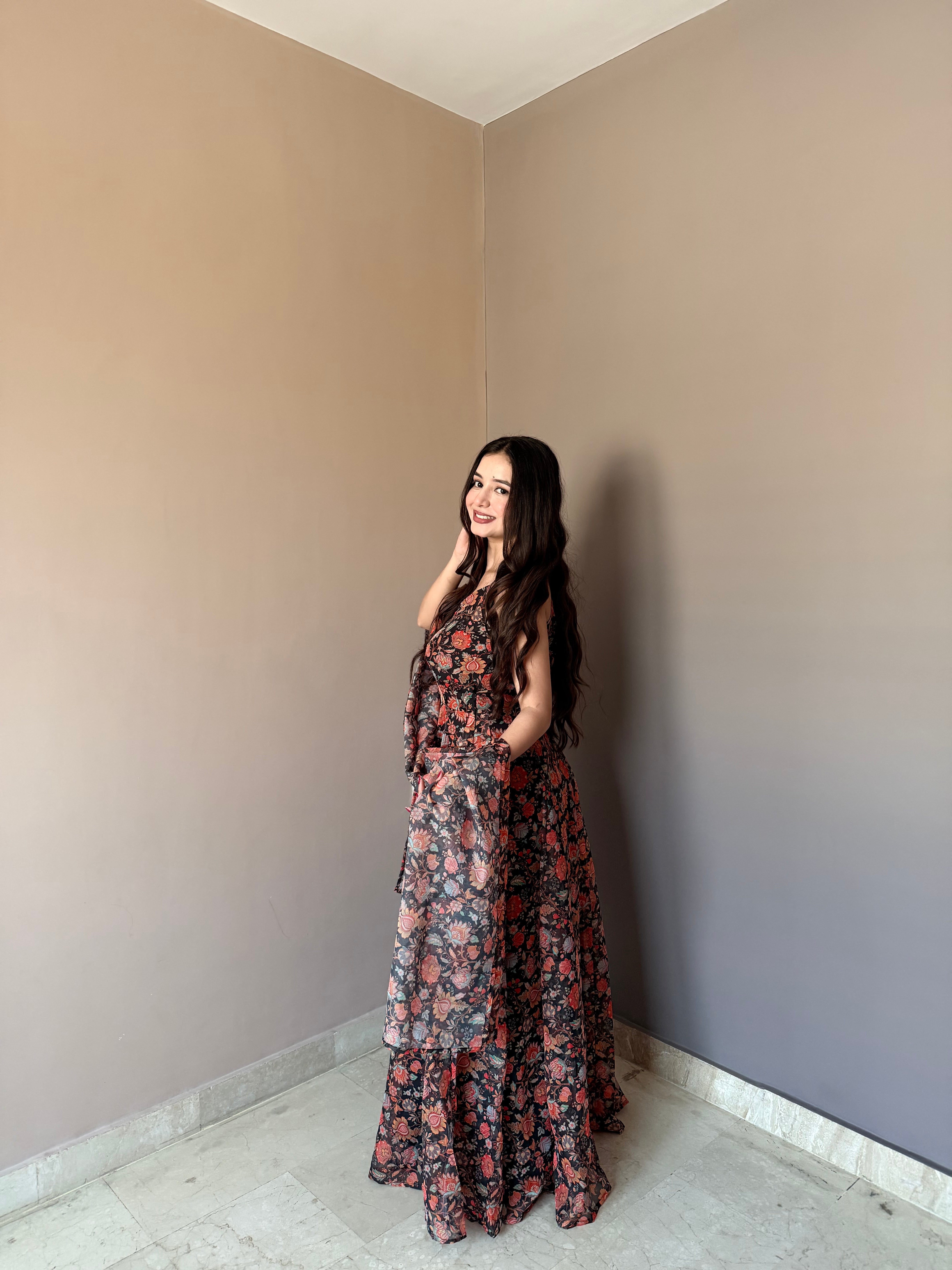 Premium Floral Printed Organza Gown Set with Matching Dupatta