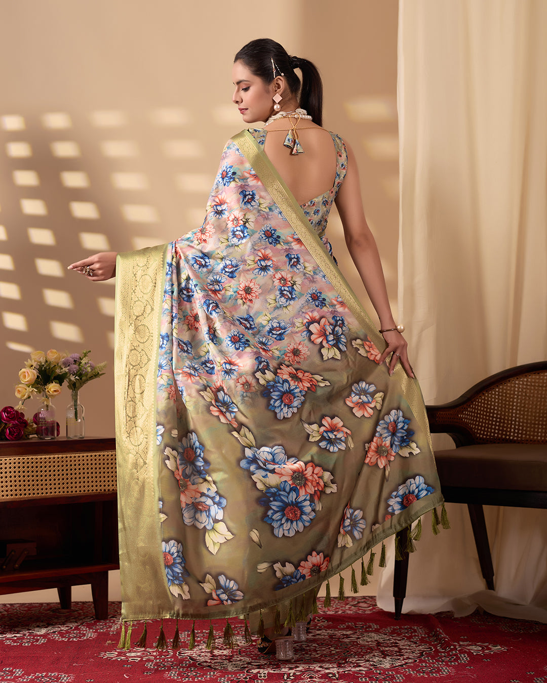 Elegant Soft Lichi Silk Saree adorned with mesmerizing digital floral patterns