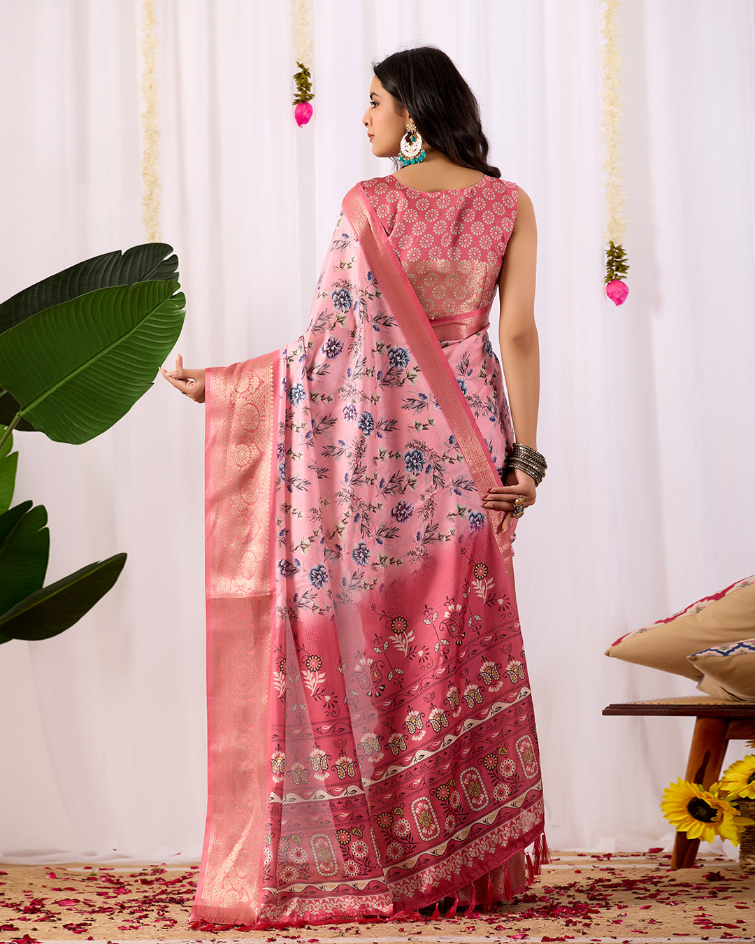 Soft Lichi Silk Saree in Blush Pink Tone, adorned with delicate all-over floral digital prints and complemented by a rich woven zari border