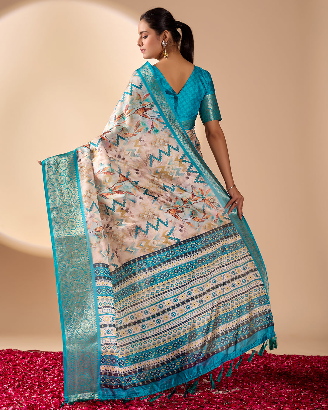 Soft Lichi Silk Saree featuring an Exquisite Combination of Modern Digital Print and Rich Traditional Zari Woven Border