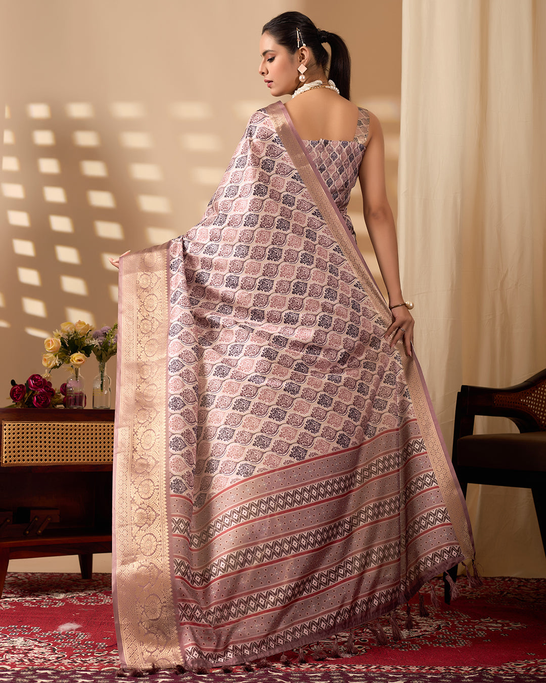 Elegant Soft Lichi Silk Saree beautifully crafted with intricate digital weaving patterns and a rich golden zari border
