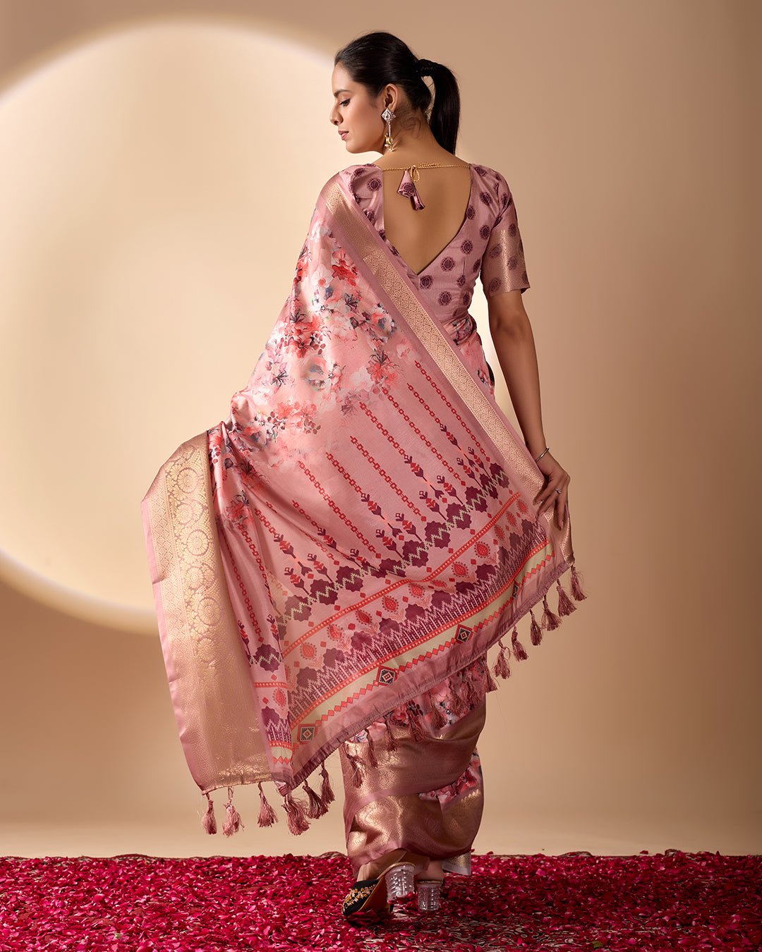 Gorgeous Soft Lichi Silk Saree with enchanting digital floral prints and a rich golden zari border