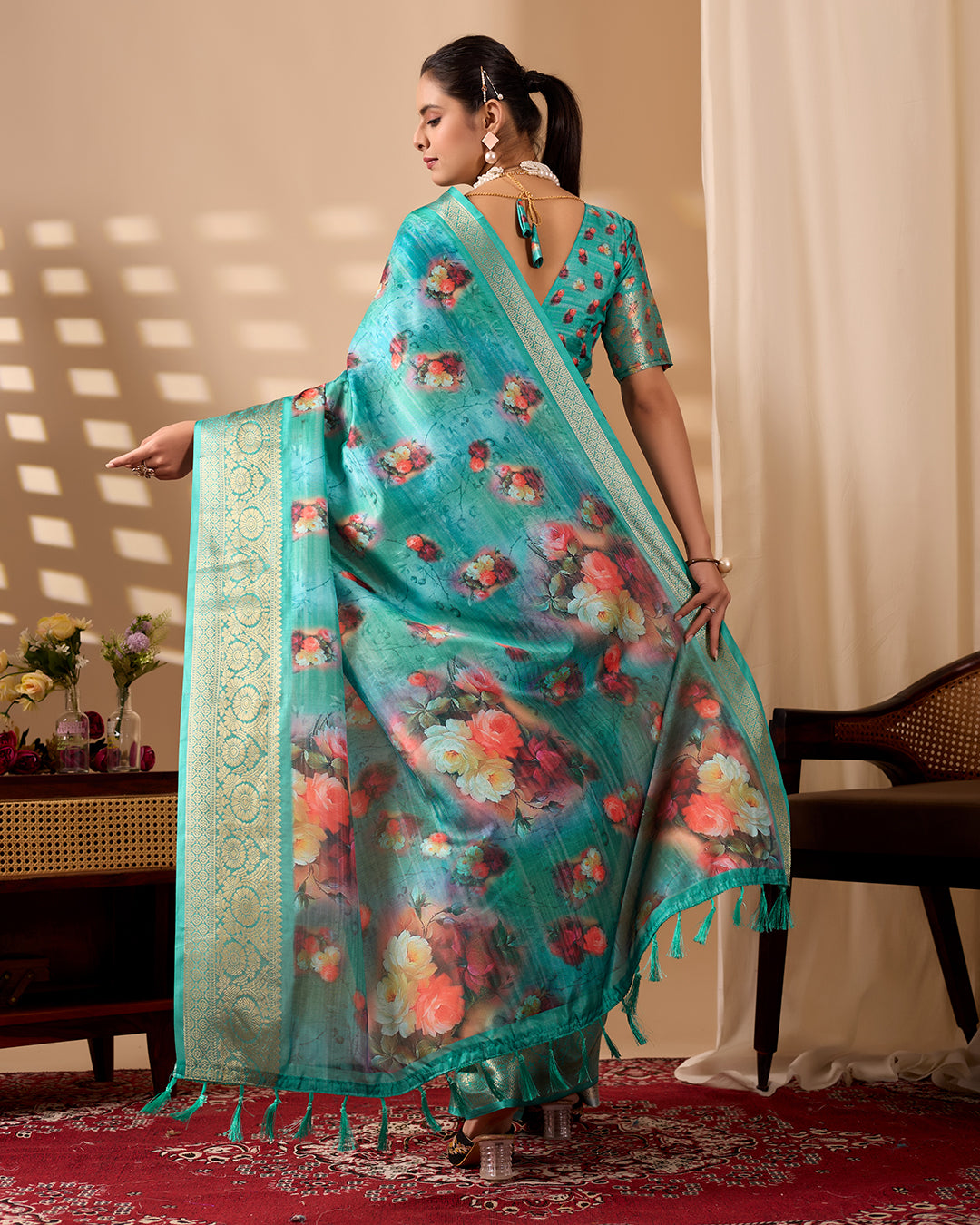 Elegant Soft Lichi Silk Saree adorned with digital floral patterns and a rich golden zari border