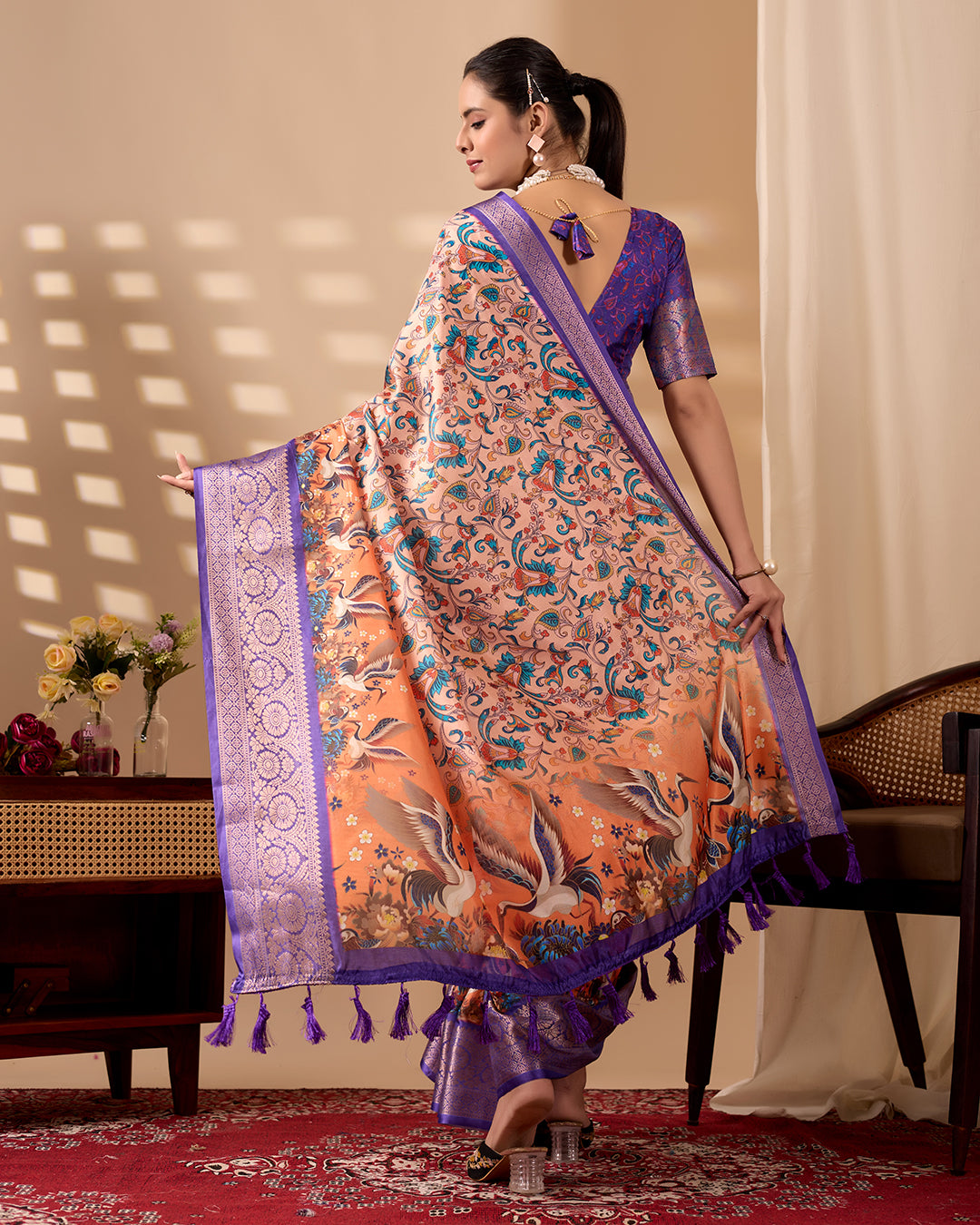 Elegant Soft Lichi Silk Saree featuring exquisite digital ethnic motifs and a royal purple golden zari border