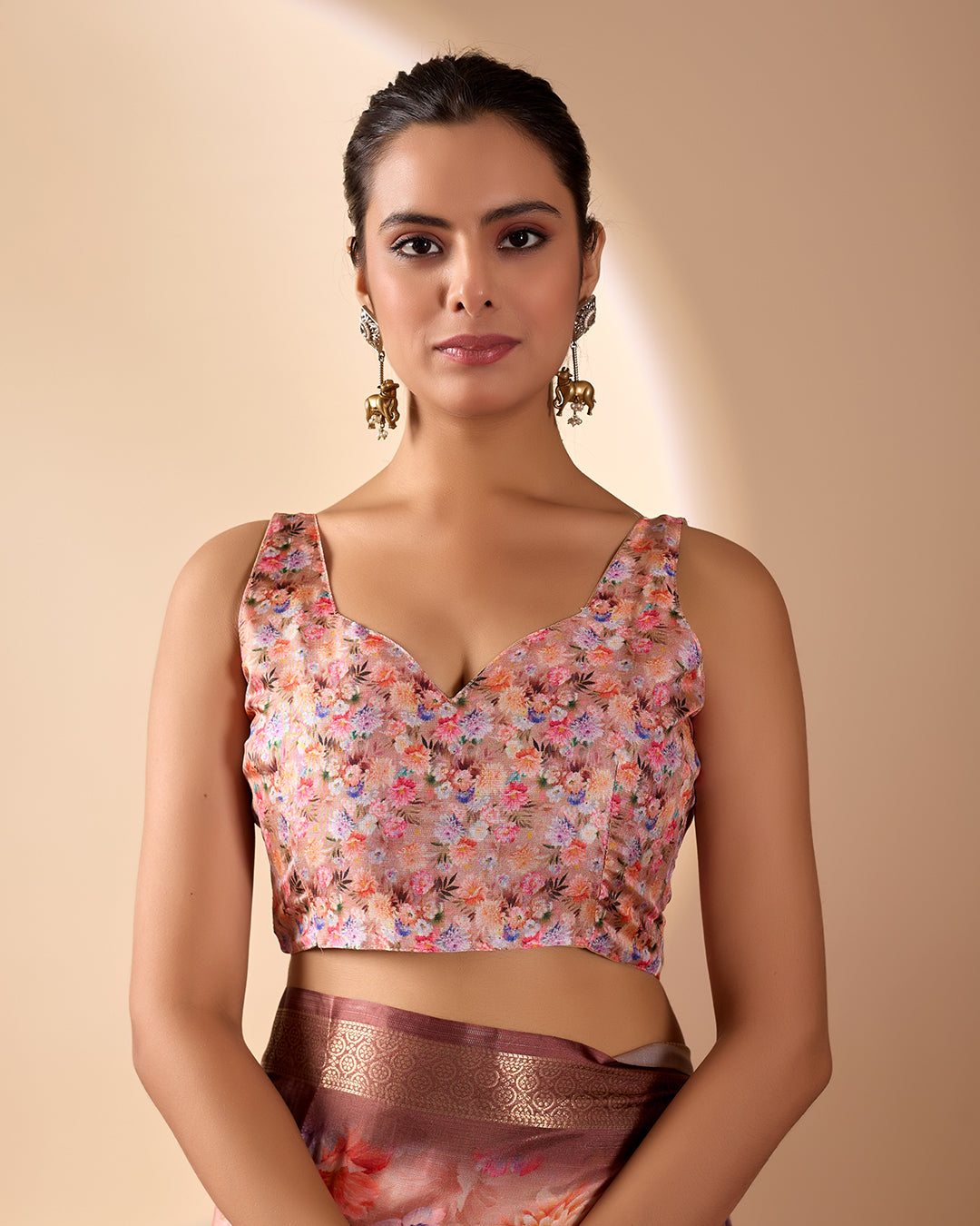 Elegant Soft Lichi Silk Saree featuring mesmerizing digital floral patterns and a rich golden zari border