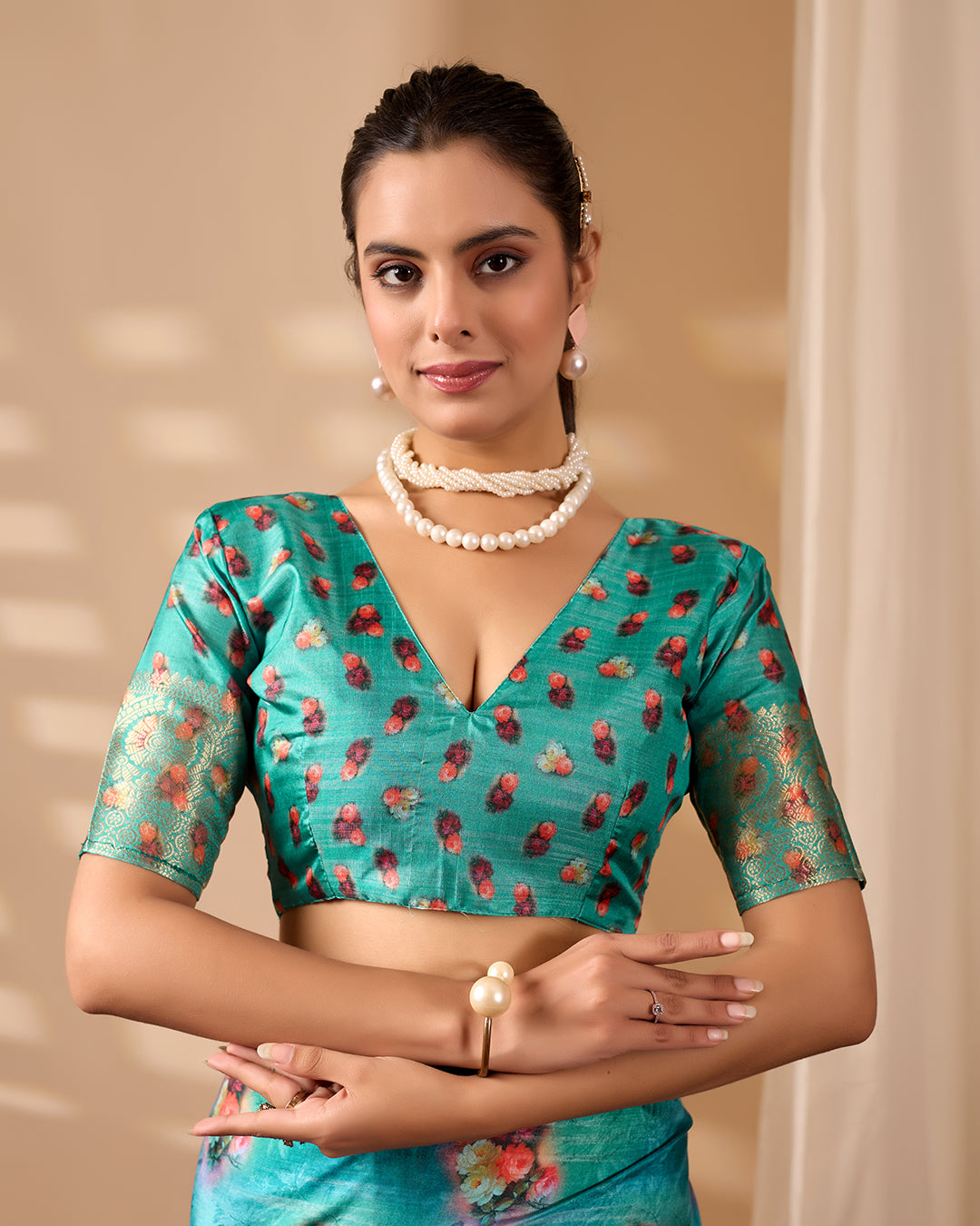 Elegant Soft Lichi Silk Saree adorned with digital floral patterns and a rich golden zari border