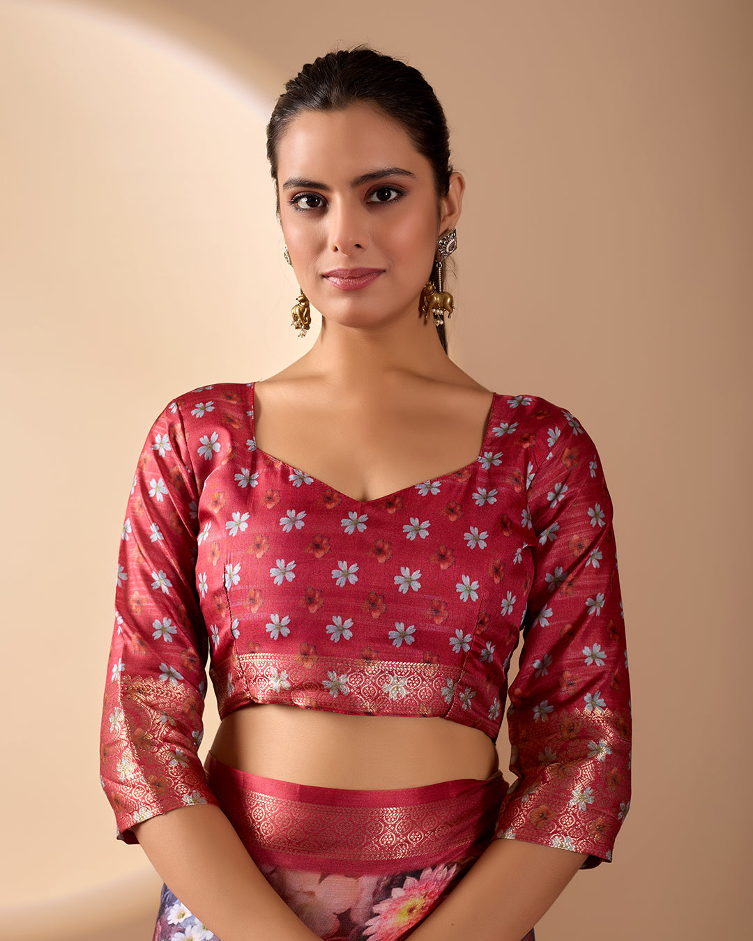 Luxurious Soft Lichi Silk Saree in Deep Wine Rose Shade featuring enchanting floral digital prints and complemented by a rich woven zari border