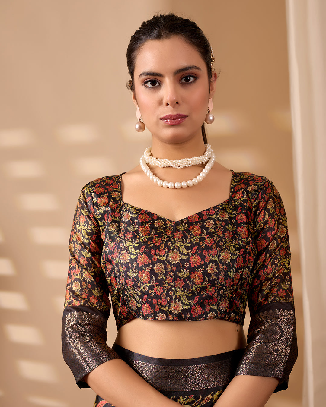 Exquisite Soft Lichi Silk Saree featuring stunning digital floral motifs on a rich black base