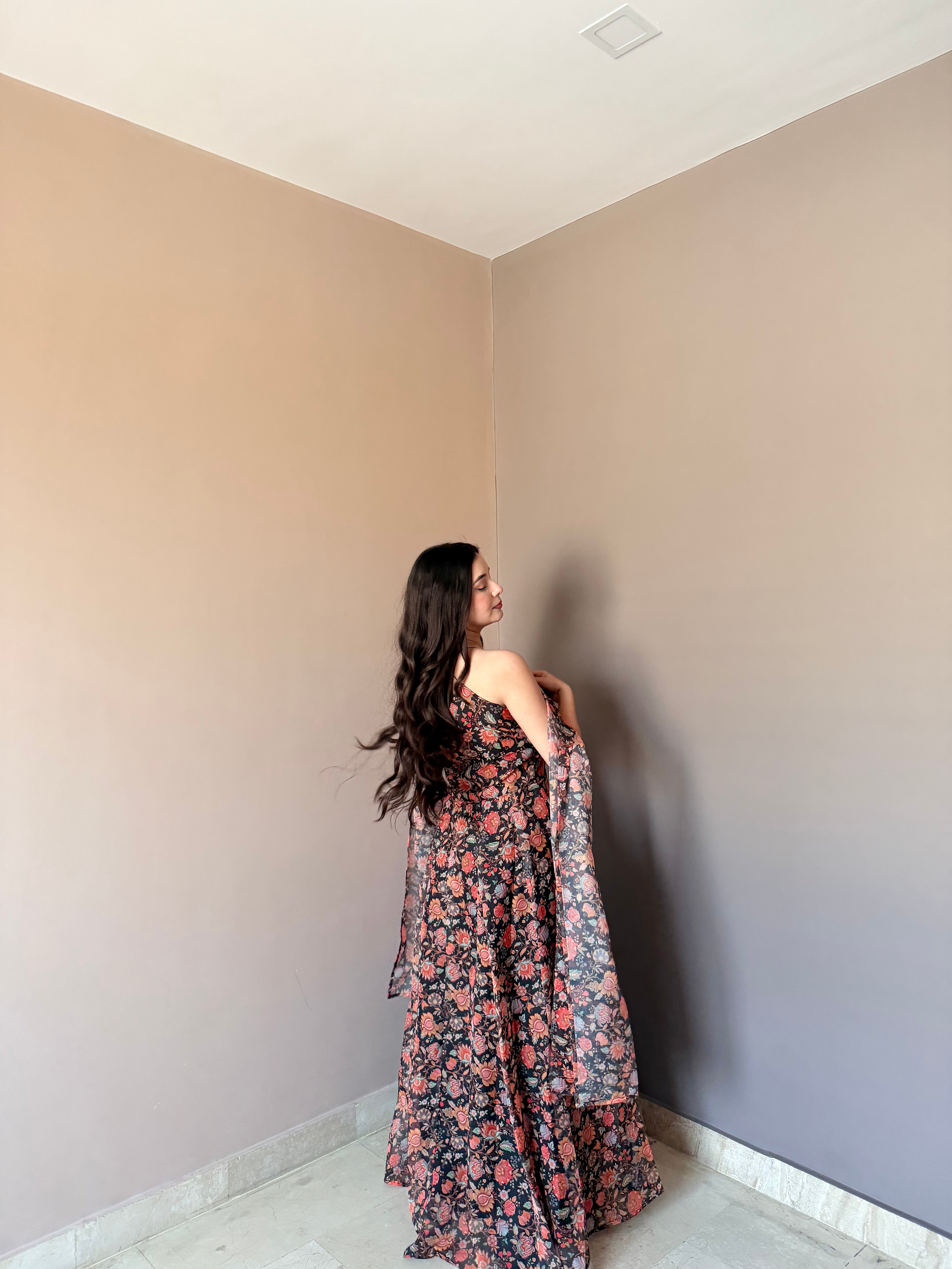 Premium Floral Printed Organza Gown Set with Matching Dupatta