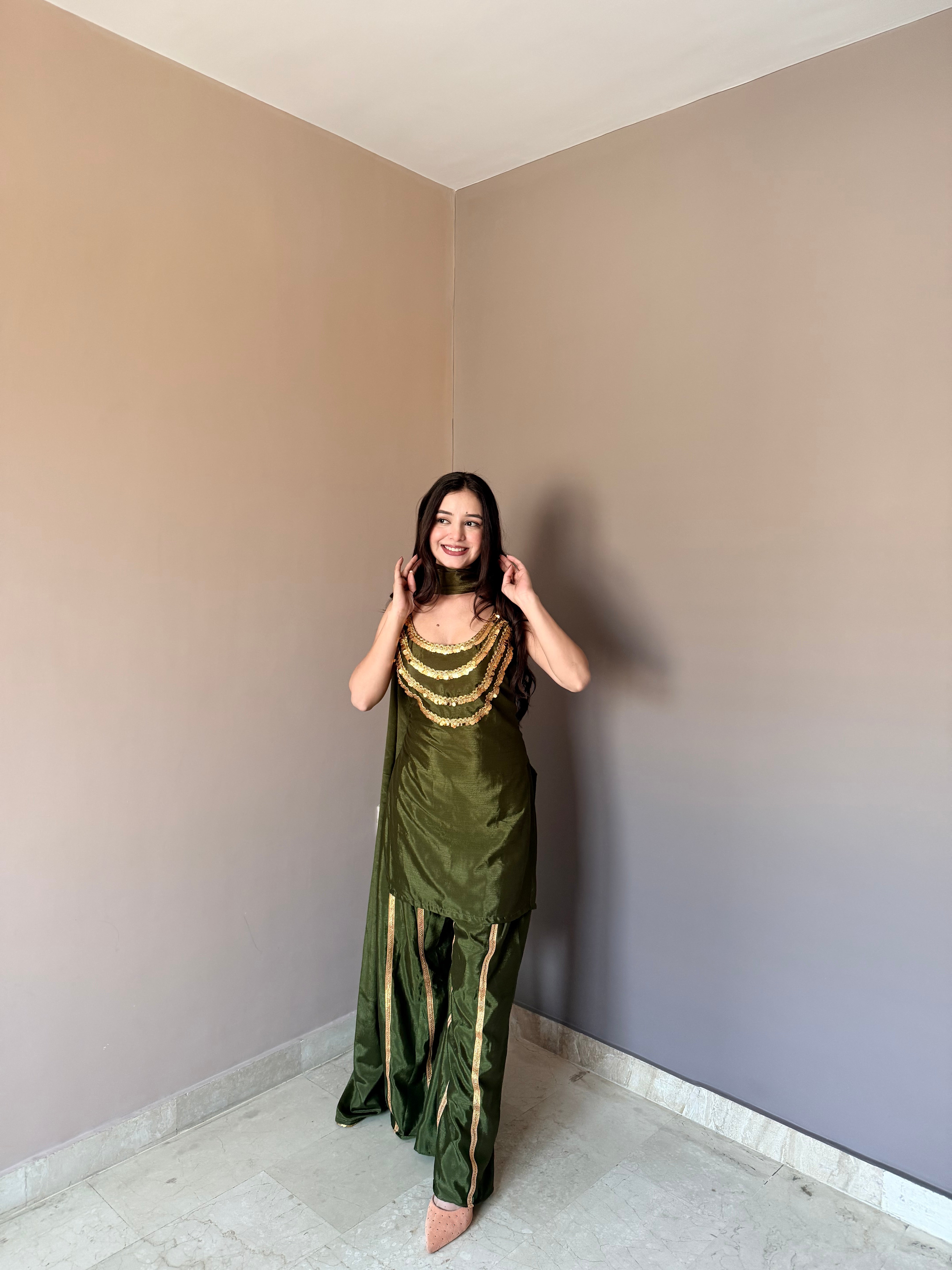 Elegant Embellished Kurta Palazzo Set with Matching Dupatta