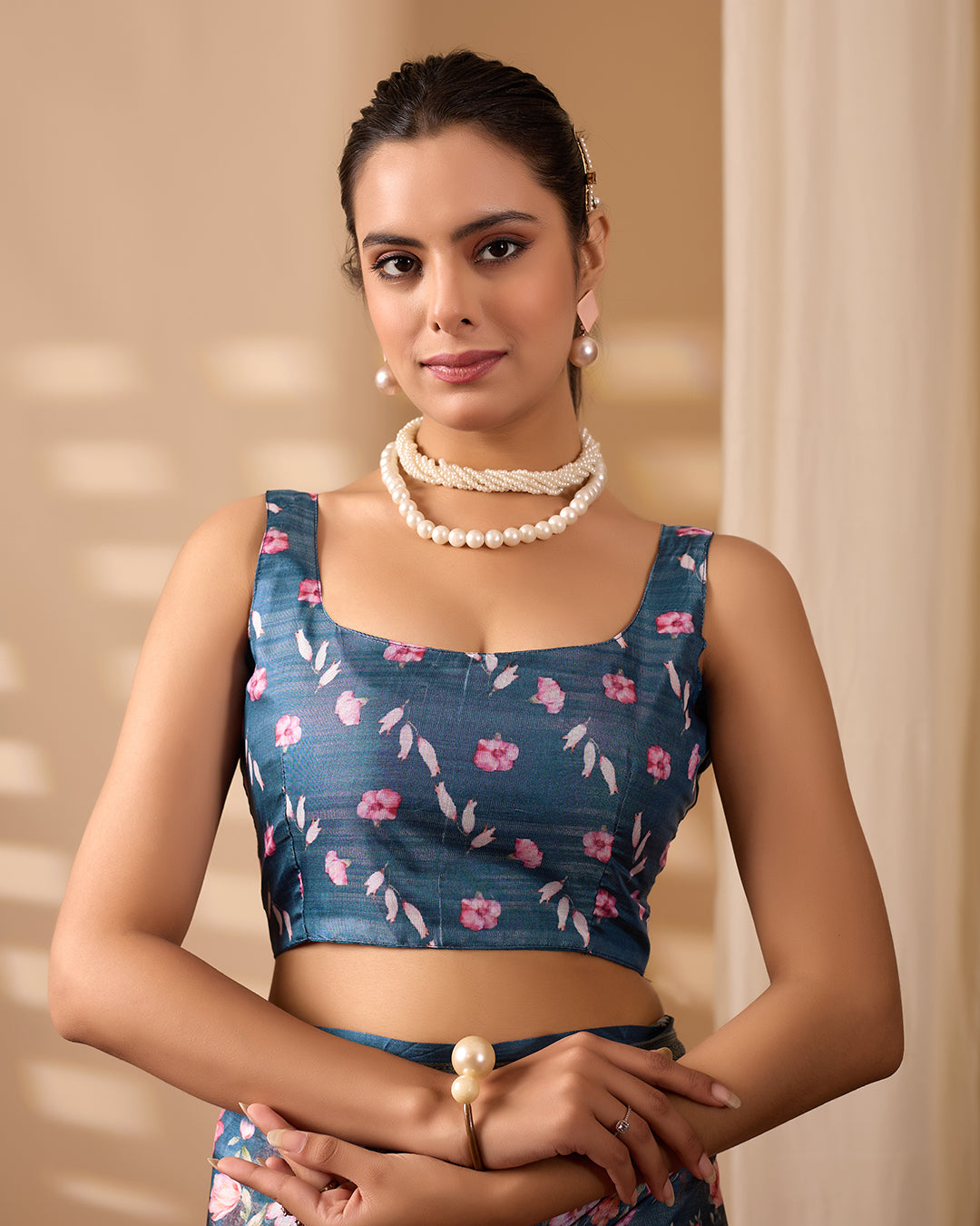 Gorgeous Soft Lichi Silk Saree in Deep Teal Blue, adorned with Romantic Rose Floral Digital Prints